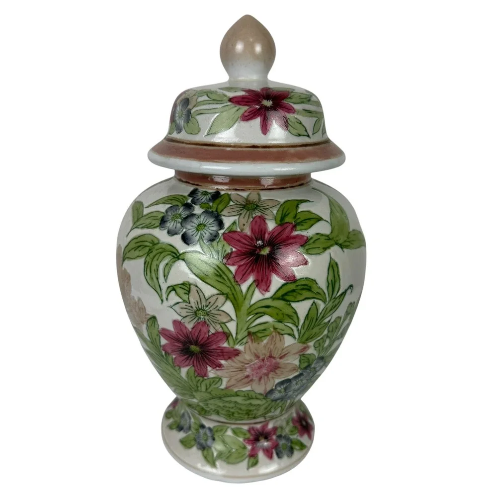 Hand Painted Floral Porcelain Ginger Jar with Lid White Pink Green 12 Inch